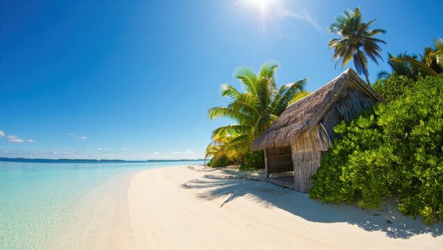 Tropical paradise shines brightly on the sandy beach, complete with palm trees and a charming hut under a radiant sun on a sunny day, evoking relaxation and vacation dreams. - Powered by Adobe