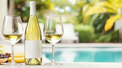A bottle of white wine sits on a table beside two glasses. Fresh fruits, including grapes and bananas, are nearby. A swimming pool and tropical plants are in the background.