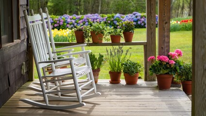 Two white rocking chairs sit serenely on a wooden porch with potted plants, showcasing a peaceful garden and outdoor living scene with vibrant flowers in the backdrop.