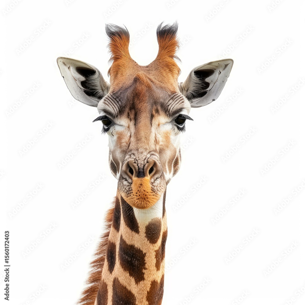 Poster giraffe is posing on a white background with a curious expression