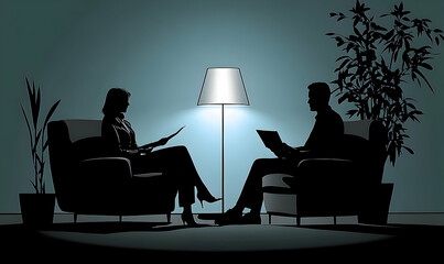 Silhouettes of two people sitting in armchairs, conversing under a lamp with indoor plants in the background