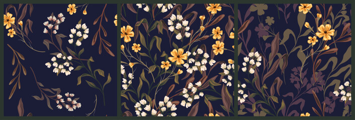 Seamless floral pattern, abstract nature print in dark autumn, winter tones. Elegant botanical design of small hand drawn wild flowers, branches, large foliage on purple field. Vector illustration.