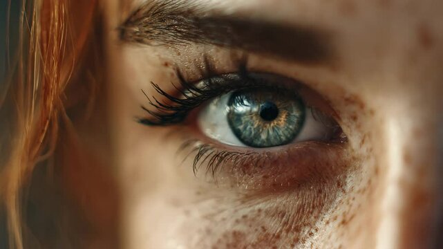 Freckled woman with delicate lashes softly blinking, revealing luminous green eyes in gentle, hypnotic motion. Beautiful woman with freckles slowly opens and closes captivating green eyes