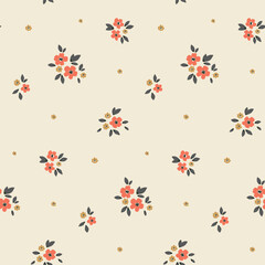 Seamless floral pattern, liberty ditsy print of mini pretty daisies. Cute botanical design of small hand drawn flowers, tiny leaves, simple bouquets in country fashion motif. Vector illustration.