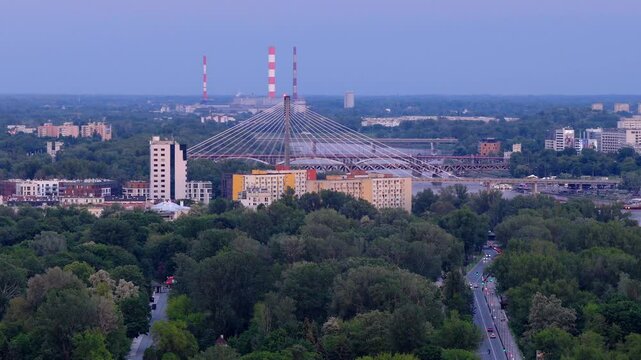 Cable-stayed bridge construction, vehicle highways, Warsaw cityscape