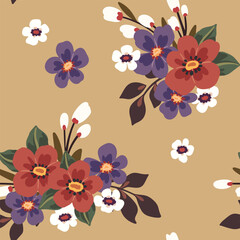 Seamless floral pattern, simple flower ornament in vintage motif. Beautiful botanical design, wallpaper, textile print of small hand drawn flowers, leaves, cute autumn bouquets. Vector illustration.