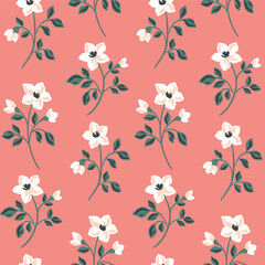 Seamless floral pattern, simple ditsy ornament, print of small hand drawn branches. Vintage botanical decor of small flowers, thin twigs with tiny leaves on pink background. Vector illustration.