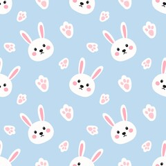 Cute bunny face and paw pattern on blue background. Adorable and playful design perfect for kids, baby products, or nursery decor.