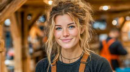 Portrait of a cheerful young woman in a carpenter’s workshop, smiling confidently with casual attire
