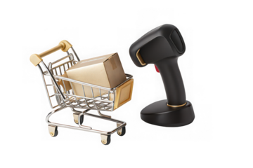 Miniature shopping cart with cardboard box next to a barcode scanner