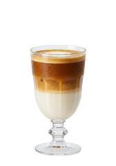 Layered coffee drink in a glass with a decorative stem, showing different milk and coffee levels