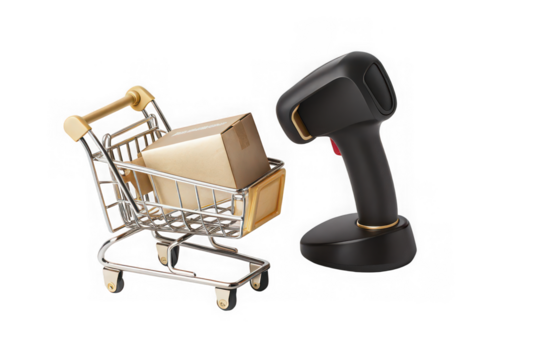 Miniature shopping cart with cardboard box next to a barcode scanner