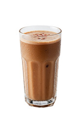 Refreshing chocolate drink, cool and tasty in a tall glass, sprinkled with red topping