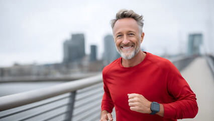 Middle aged happy man running on a bridge in urban city. Fitness, healthy lifestyle, and active living
