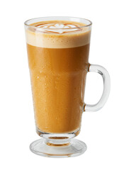 Tall glass shows layered brown drink with artful foamy top, refreshing and inviting beverage