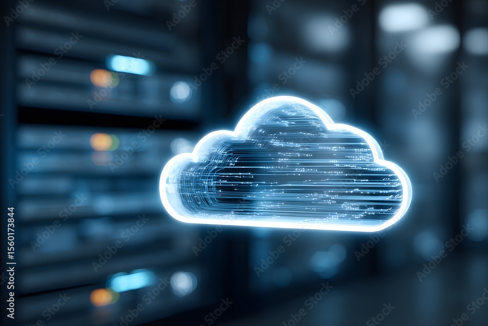 Poster 3d illustration of a cloud with glowing data on the background of a computer server, in a blue color