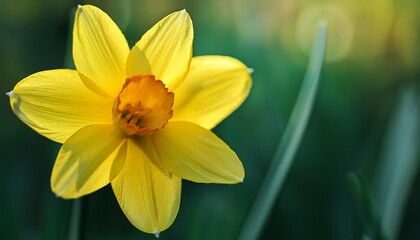 Fototapeta premium single bright yellow daffodil in full bloom against a blurred green background daffodil focus