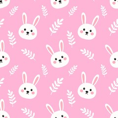 Cute bunny face and leaf pattern on pink background. Adorable and playful design, perfect for kids, baby products, or spring-themed decorations.