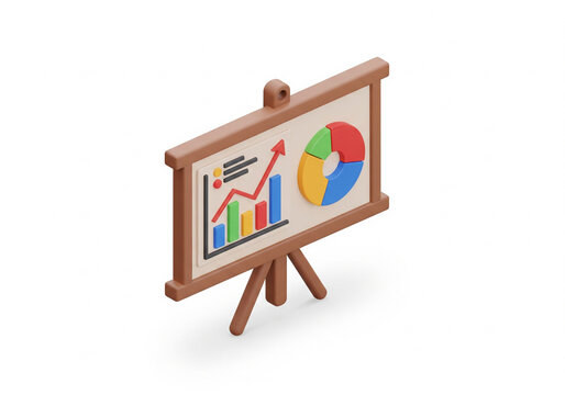 3d icon of a marketing strategy board with charts, graphs and sticky notes, isometric view, minimal clay render, high resolution, white background.