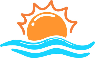 Hand drawn sun setting over the sea retro groovy boho summer elements cartoon doodle 