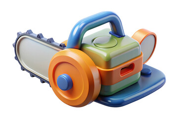Colorful cartoon chainsaw toy with blue handle and orange accents isolated on transparent background