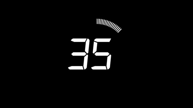 Digital countdown timer thirty seconds animation from 40 to 0 seconds on transparent background with alpha channel, 40 second countdown timer