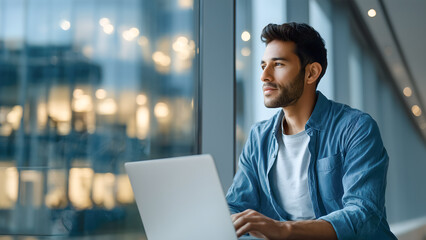 Young Indian Man Working on Laptop and Looking Out the Window. Productivity, Ambition, and Modern Workplace 