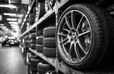 Rows of pristine tires and alloy wheels gleam under warehouse lights, a monochrome study in automotive parts storage.