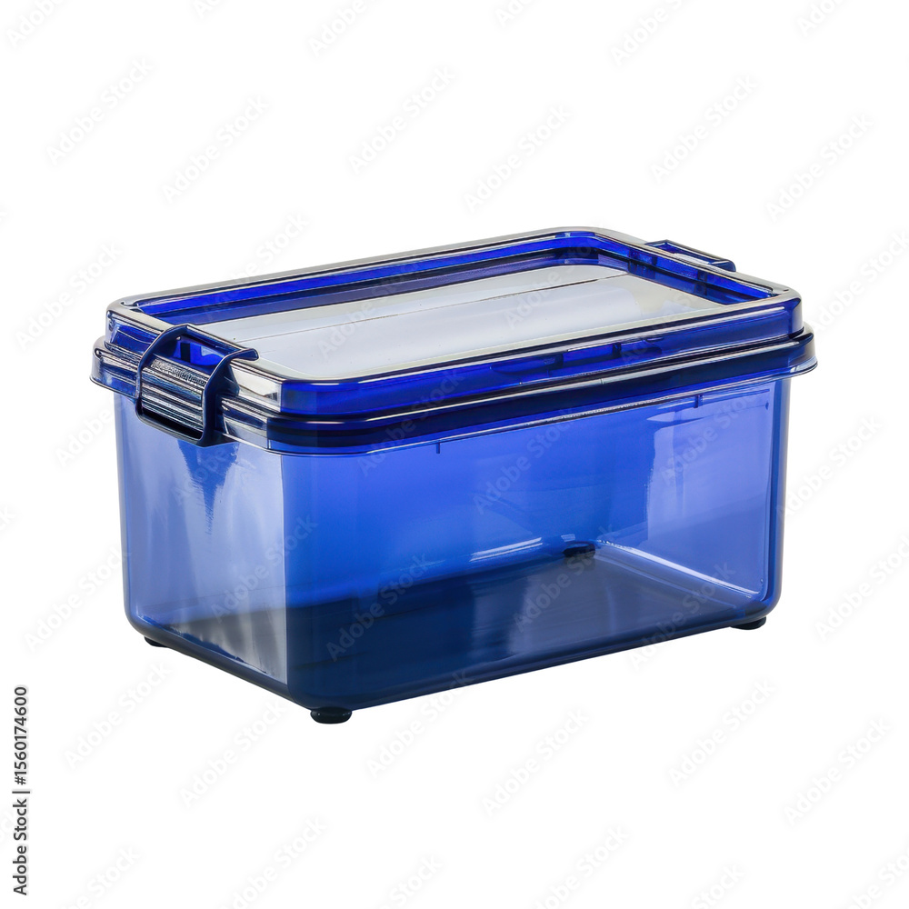 Poster transparent blue storage container with secure lid, ideal for organizing various items. its sleek de
