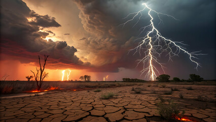 Night desert storm with powerful lightning illuminates the vast landscape under a dark sky