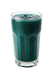 Glass holds vibrant, dark-green smoothie, tiny droplets clinging to its cold sides