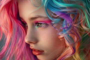 Fototapeta premium Close up profile of a model with bright, colorful hair and creative makeup, showcasing a trendy and vibrant look