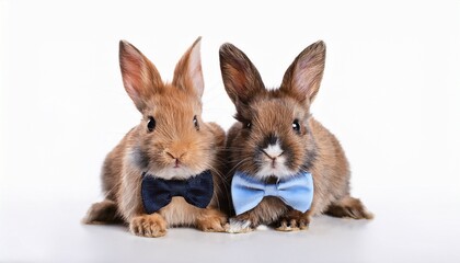 two adorable rabbits wearing stylish bow ties on a white isolated background