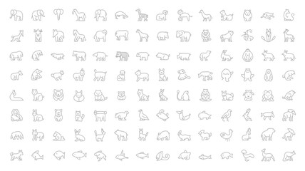 Collection of animal line icons vector illustration set of different animals line art drawing designs