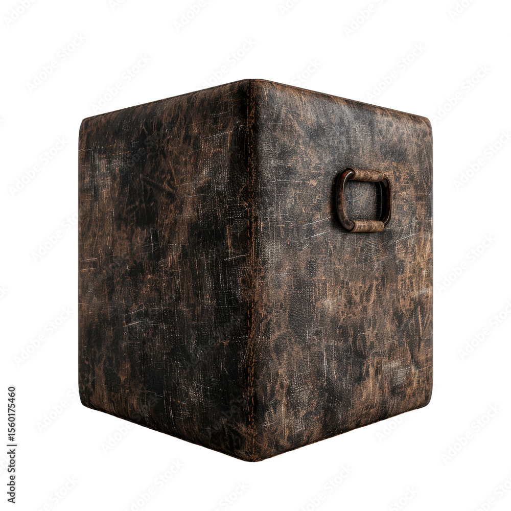 Poster weathered, textured cube with rough surface and handle, showcasing rustic appearance. this object ca
