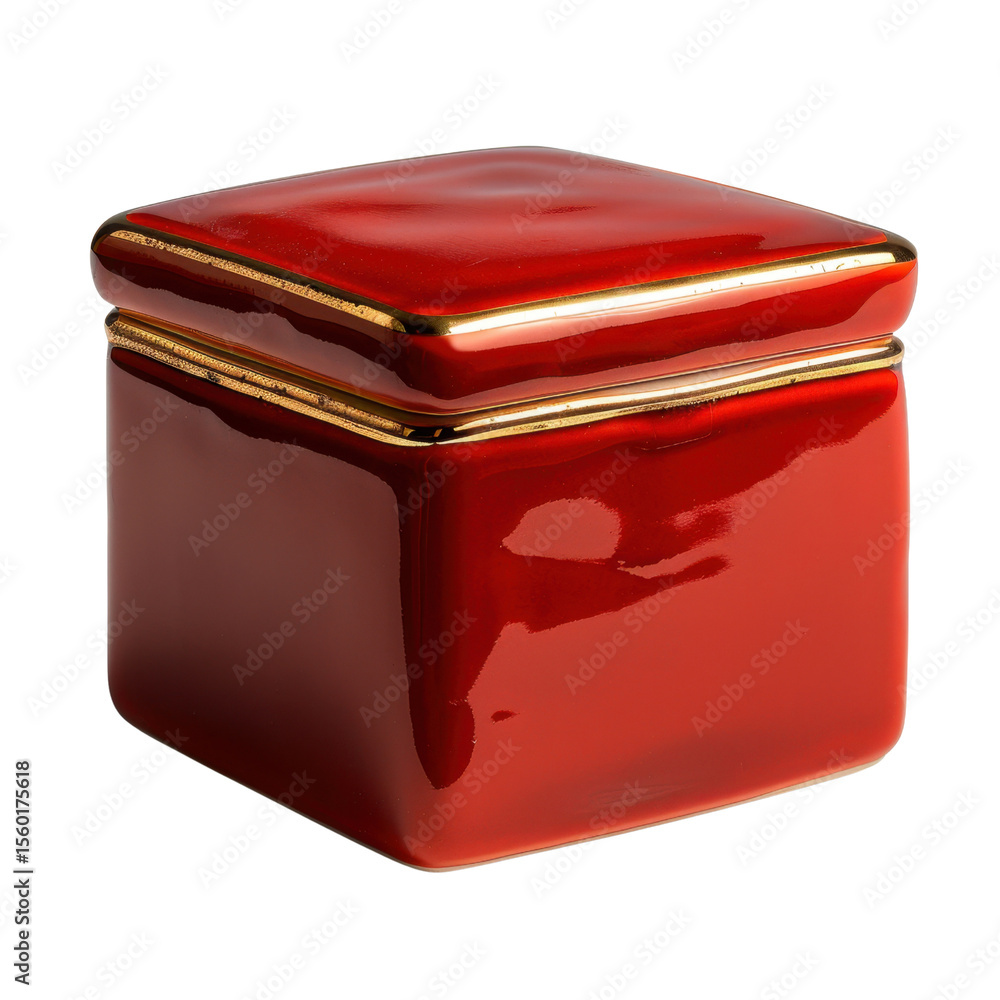 Poster glossy red square container with smooth surface and gold trim, perfect for decorative storage or as 