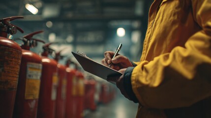 Safety inspector meticulously documents fire extinguisher checks in an industrial setting, ensuring workplace preparedness.