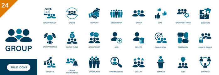 Group icon. Containing collaboration, meeting, discussion, group chat, policy, fund. Solid vector icons collection.