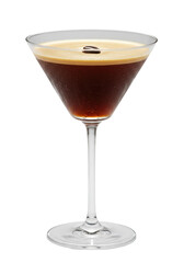 Elegant espresso martini cocktail with bean garnishment in clear glass on a dark backdrop