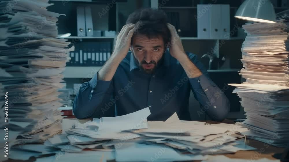 Poster exhausted office worker is struggling with a huge amount of paperwork and holding his head in his ha