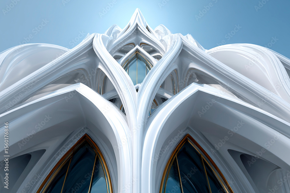 Aufkleber futuristic white architectural structure with sharp arches and glass windows under a clear blue sky,