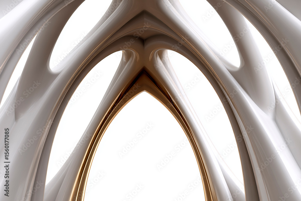 Poster futuristic white and gold abstract arch structure with smooth glossy surfaces and dynamic flowing li