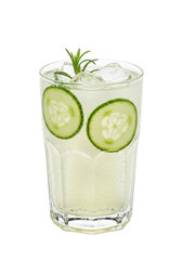 Fototapeta premium Refreshing beverage with cucumber slices, ice cubes, and rosemary sprigs in a tall glass