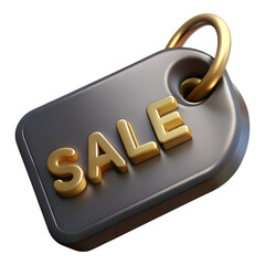 3 D render of a dark gray sale tag with gold lettering and a gold ring, the word S A L E is visible isolated on a transparent background