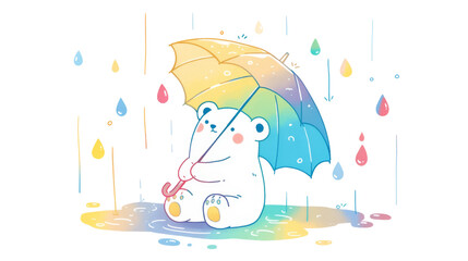 Cute polar bear holding rainbow umbrella sitting in a puddle with raindrops.