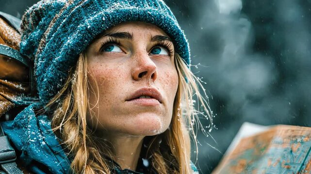 A young female hiker with striking blue eyes navigates through snowfall, studying a map intently while wearing winter gear and a knitted hat
