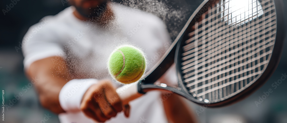 Poster tennis ball hitting racket with dust particles flying in action shot of faceless player serving on c