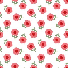 Cute red flower pattern with green leaves on white background. Bright and playful floral design, perfect for spring, fabric, or girly-themed products.