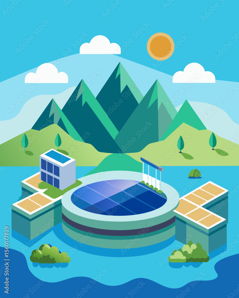 Aufkleber a large reservoir transformed into a modern energy hub as solar farms float on its calm waters.. vec