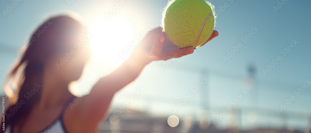 Poster tennis player holding ball preparing to serve with bright sunlight and blurred background creating d